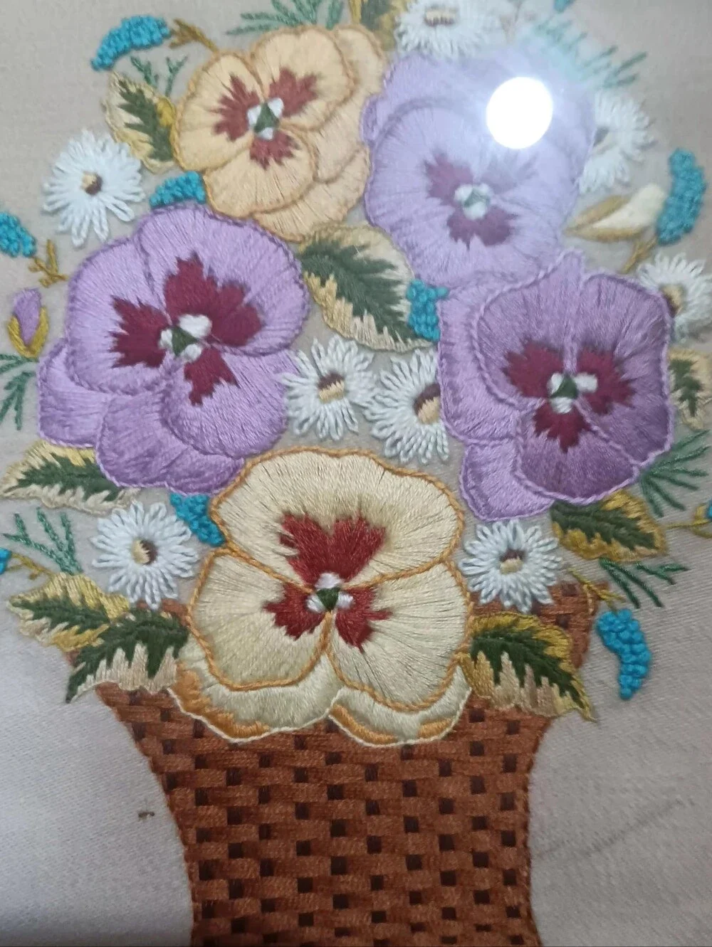 Vintage Completed Framed Floral Embroidery Wall Art - Purple and Cream Pansies